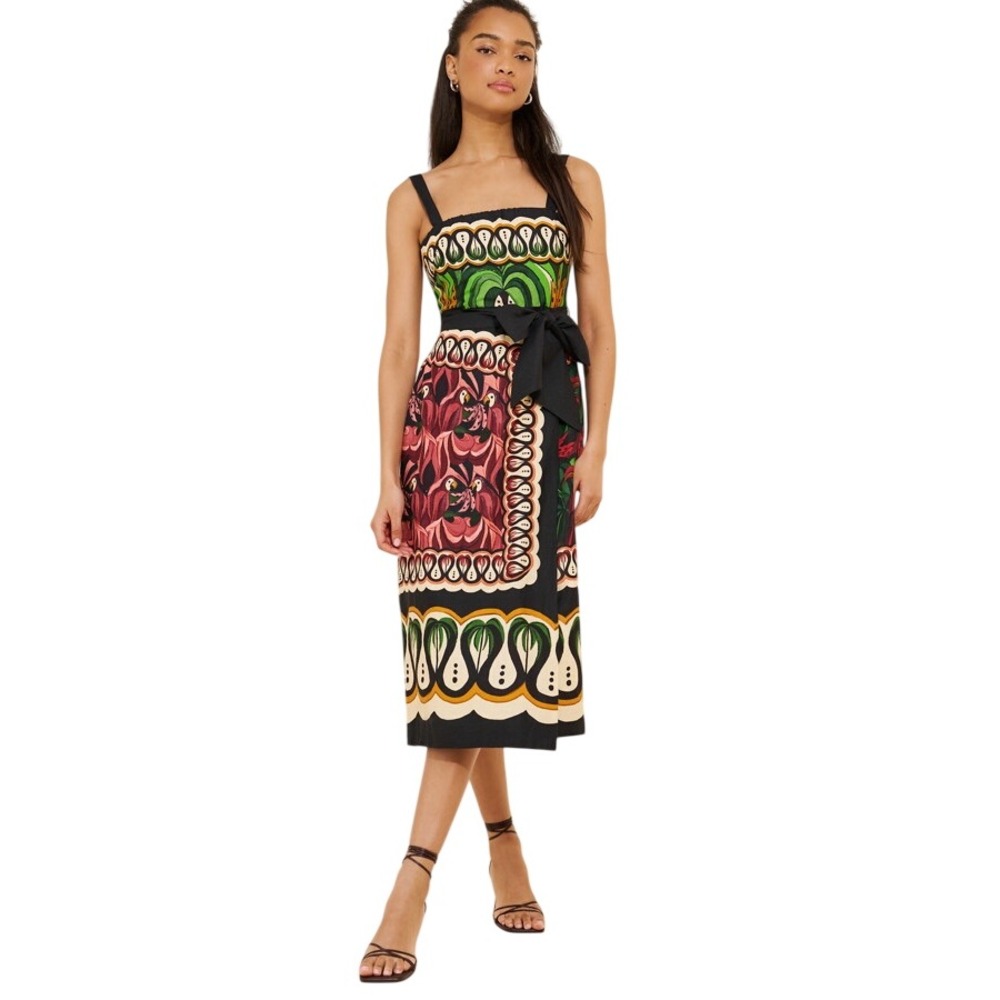 Farm Rio Midi Dress Multi Scarf Print Coconut Tree Linen Blend Faux Wrap Large